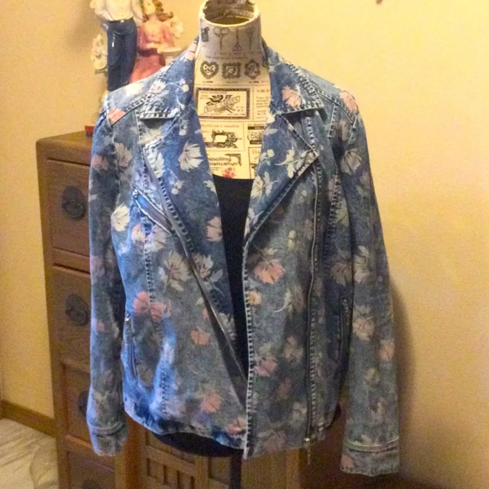 Wash Lab Floral Print Denim Moto Jacket - Picture 1 of 4